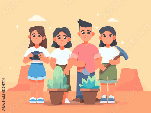 Cultivating Together: A graphic representation of a cohesive team of friends or family members working together to cultivate plants in a warm, inviting outdoor setting, symbolizing growth, connection.
