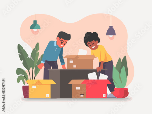 Moving Day Mishap: Two individuals struggle with the weight of packed cardboard boxes amidst indoor plants. A comic illustration capturing the relatable experience of moving.