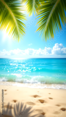 Tropical Paradise: A perfect beach scene, with the turquoise ocean, footprints in the sand, and palm leaves framing a sun-kissed sky.