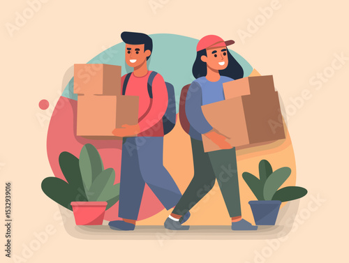 Moving Day: A dynamic illustration of a man and a woman carrying boxes, symbolizing the excitement and anticipation of a fresh start in a new home, or perhaps even a new chapter in life. 