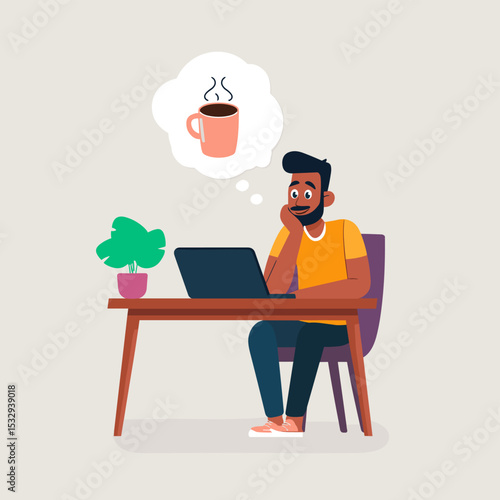 Coffee Break Reverie: A person, lost in thought, dreams of a warm cup of coffee. The scene unfolds at a desk with laptop and potted plant.