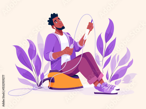 Joyful Harmony with Music: A man's blissful moment, lost in music's embrace. This illustration captures the essence of musical delight and serenity, as he enjoys his tunes.