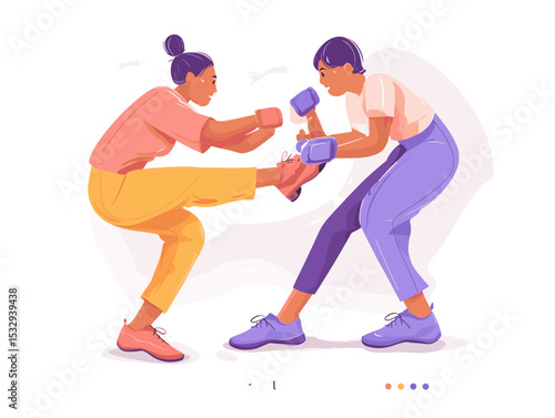 Dynamic Sparring: Two individuals engage in a focused martial arts sparring session, the vibrant illustration capturing the energy and precision of their athletic exchange.