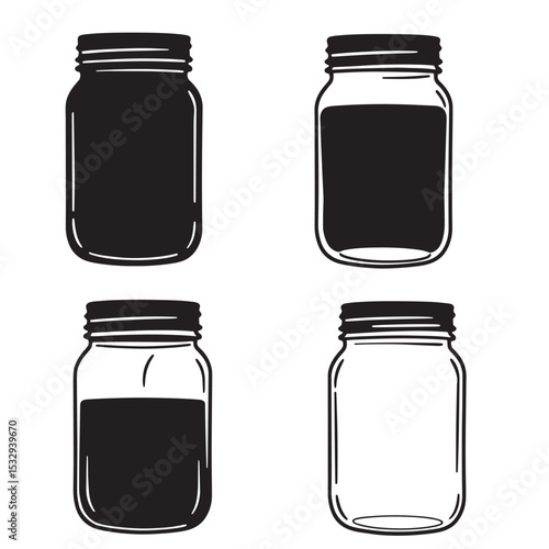 Four illustrated mason jars with varying fill levels a silhouette illustration for design and creative purposes