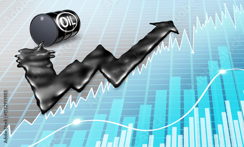 Canvas Print Rising Oil Prices and Increasing price of petroleum concept as a gasolene drum spilling fossil fuel with the black liquid shaped as an upward stock market graph arrow as a metaphor for rising costs