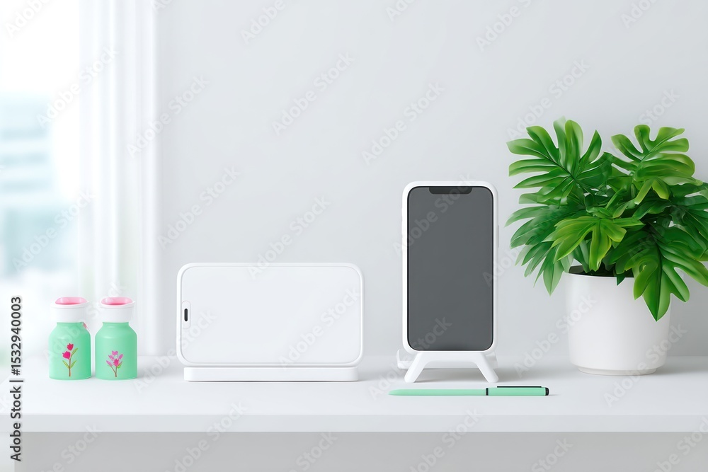 Minimalist Tech Layout with Phone Stand and Stylus Minimalist Tech Layout with Phone Stand and Stylus