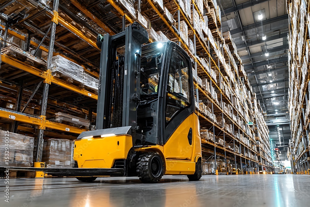 A yellow forklift is in the center of an empty warehouse with high shelves filled with boxes and pallets, illuminated by bright lights. A yellow forklift is in the center of an empty warehouse with high shelves filled with boxes and pallets, illuminated by bright lights.