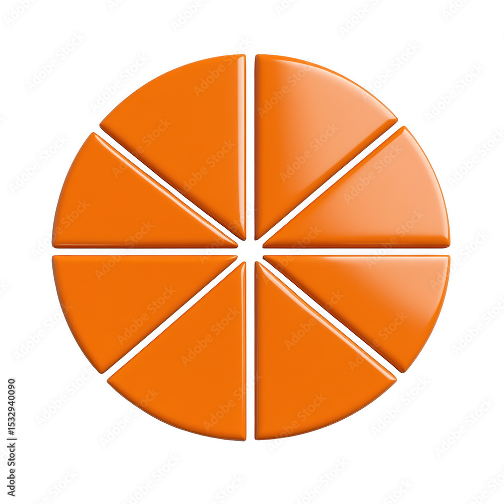 Fototapeta premium 3D orange circular pie chart with eight equal segments on white background, perfect for data presentation.