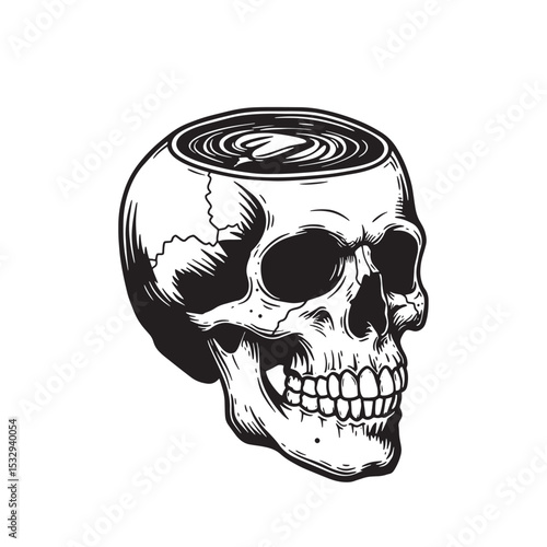 Illustrated skull silhouette design depicting a symbol of death and mortality in black and white