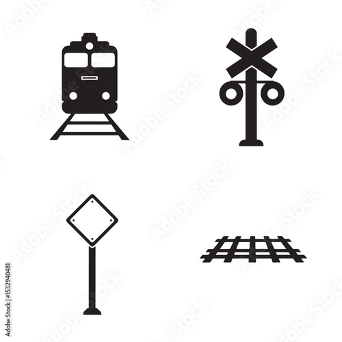Railway transportation elements train crossing sign tracks and diamond warning symbol silhouette