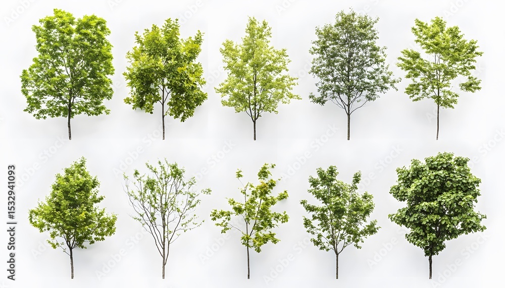 Obraz premium Nine different trees against a white background.