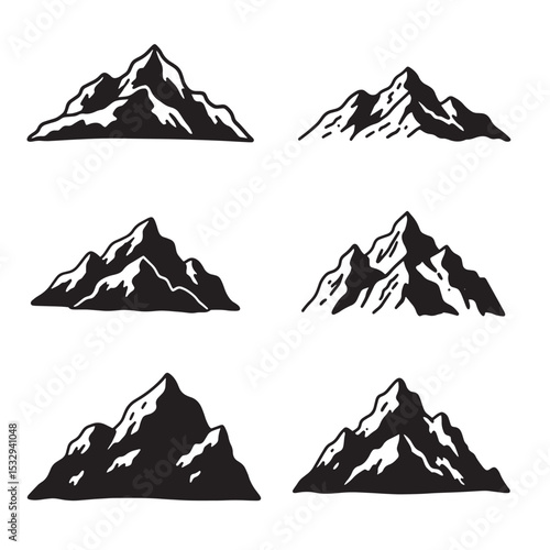 Set of simple silhouette mountain peaks in various styles on a white background