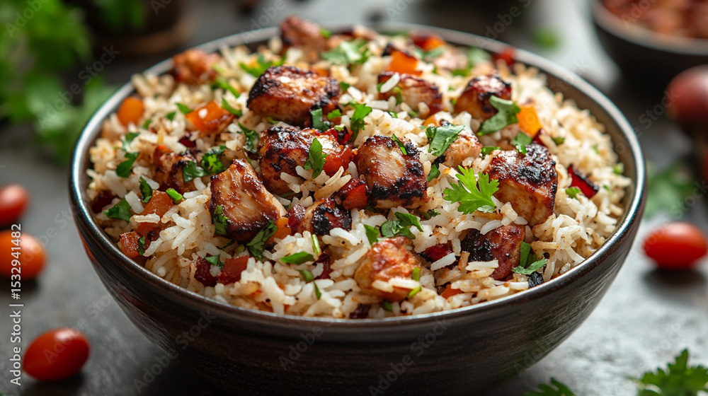 Spicy chicken and rice pilaf in bowl on dark kitchen counter Spicy chicken and rice pilaf in bowl on dark kitchen counter
