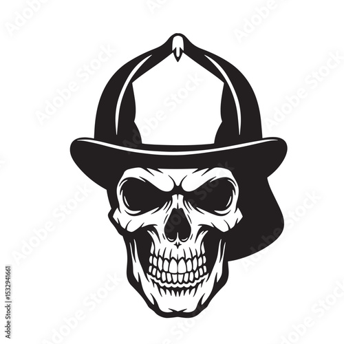 Silhouette illustration of a skull wearing a firefighter helmet emblem design
