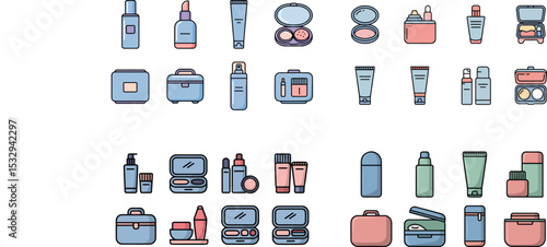 Collection of Skincare and Makeup Icons Featuring Bottles, Tubes, Compacts, and Beauty Kits in Pastel Colors for Cosmetic and Personal Care Design Projects