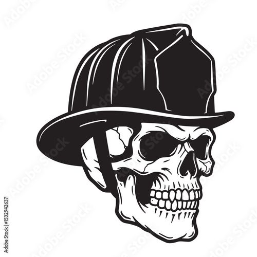 Skull with firefighter helmet graphic illustration in black and white silhouette design for badges logos and t shirt prints