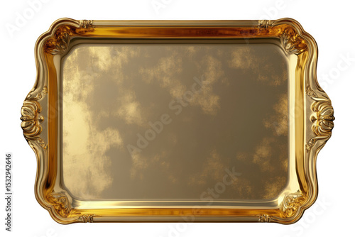 Ornate gold tray, decorative item on white background on transparent background