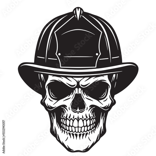 Vector illustration of a skull wearing a firefighter helmet silhouette in black and white