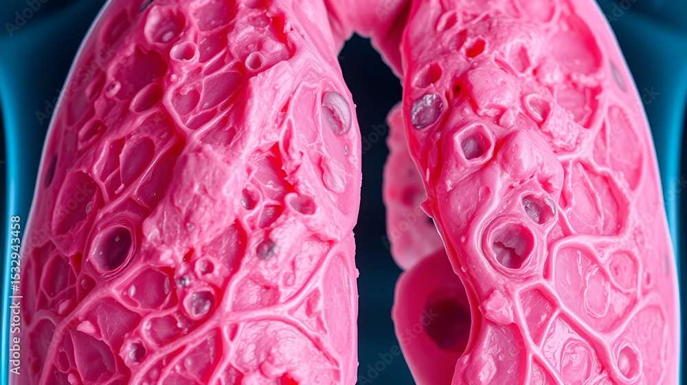 Obraz premium Asbestosis. Close-up of a cross section of human lungs with fibrosis and scarring