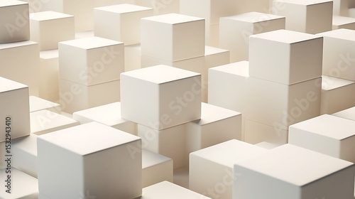 White cube geometry randomly arranged on a marble-textured pale ivory background, with soft side lighting for depth and realism
