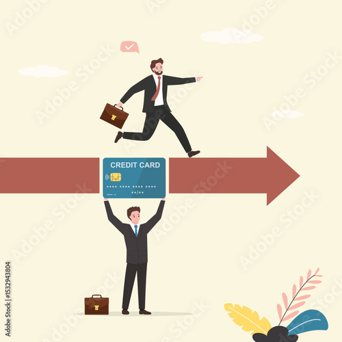 Banker with credit card helping entrepreneur to achieve goal. Financial support concept. Loans for businessman. Business credit for small business. Banking service.