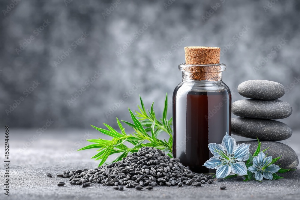 Black Seed Oil Bottle with Nigella Seeds and Flowers Black Seed Oil Bottle with Nigella Seeds and Flowers