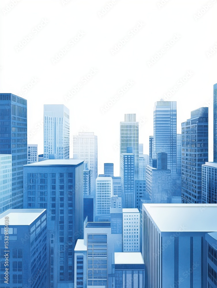 Fototapeta premium wide city facade with blue color different geometric shape buildings in white background and open sky.