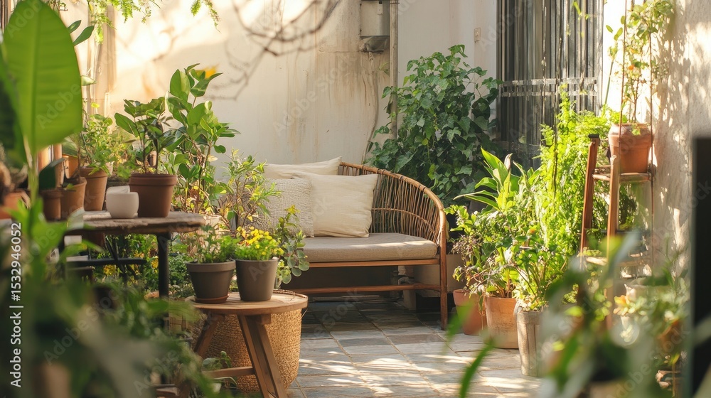 Fototapeta premium Serene Indoor Garden Space with Natural Light and Cozy Seating Surrounded by Lush Green Plants and Relaxing Atmosphere