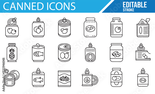 Editable vector icons of cans for use in grocery, food labeling, and storage designs.

