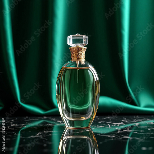 Elegant Perfume Bottle with Golden Cap on Marble Surface and Green Drapes – Luxury Fragrance Concept