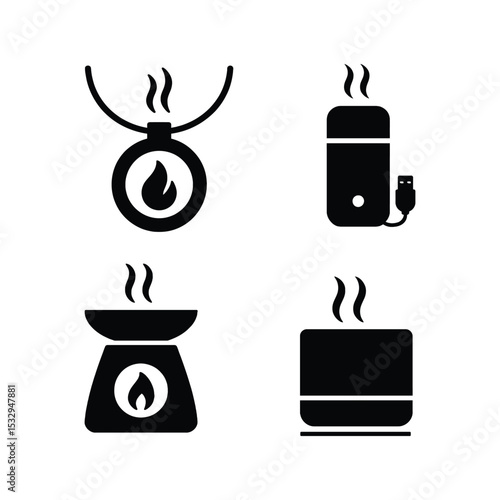 Set of four black icons representing different types of essential oil diffusers and warmers