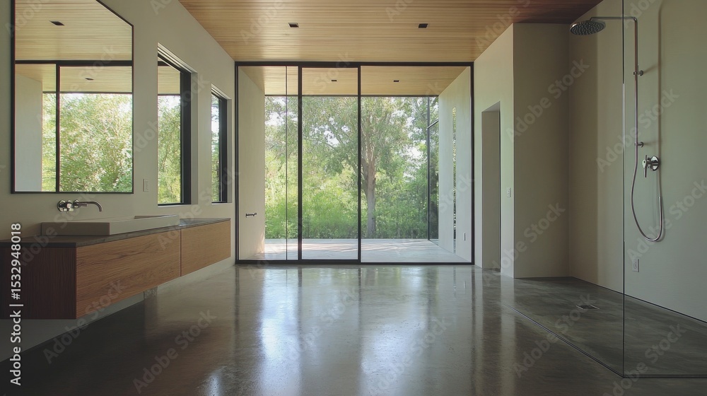 Fototapeta premium Modern minimalist bathroom design with sleek fixtures and large glass windows showcasing natural light and outdoor greenery