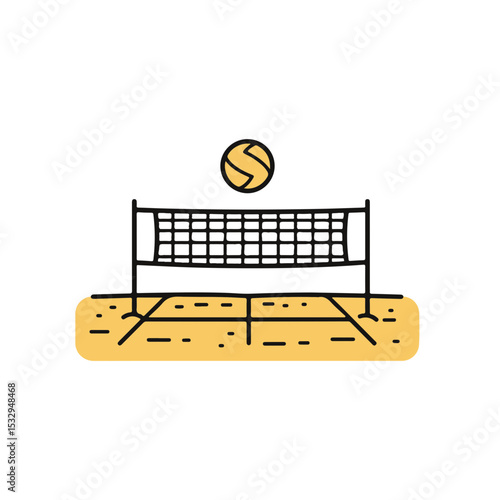 Volleyball net and ball on the beach in summer time.