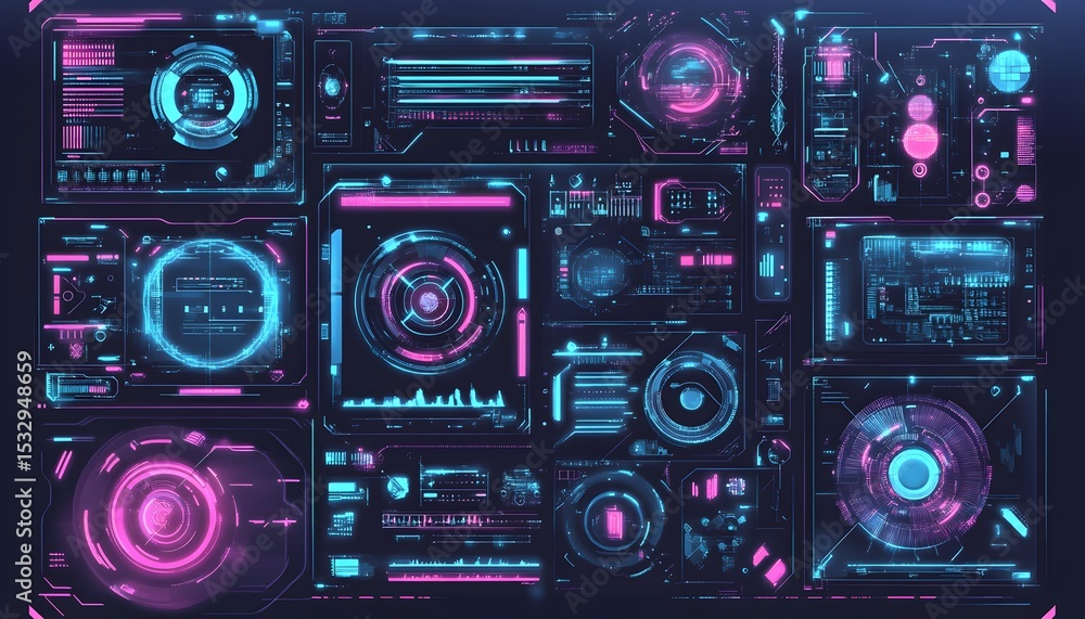 Fototapeta premium Futuristic digital interface displays with glowing neon colors.