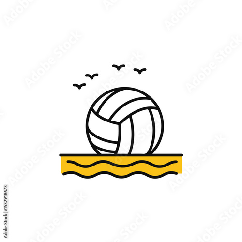 Volleyball resting on the sand, a sunny day at the beach.