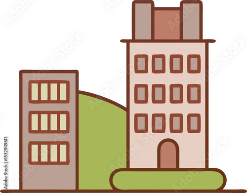 Vector illustration of an old building facade with shop windows, a door, and home architecture in a city street