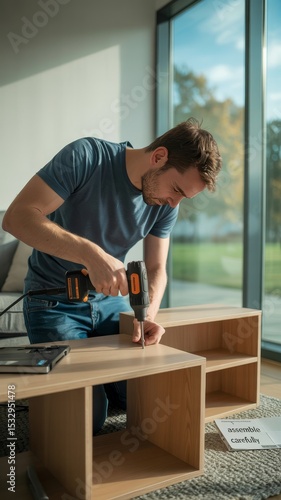Man assembling furniture with a drill in a bright living room   