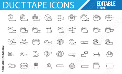 Collection of vector illustrations of duct tape, including dispensers and rolls.