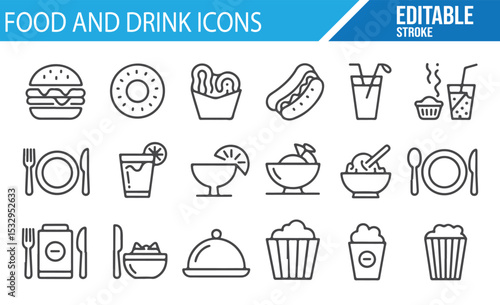 Editable illustrations of popular dishes and drinks for restaurant and cafe branding.