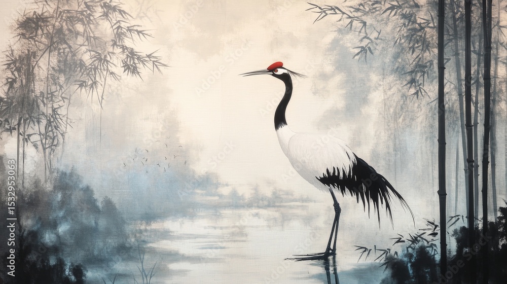 Fototapeta premium Crane stands in a misty landscape with trees and water in the background.