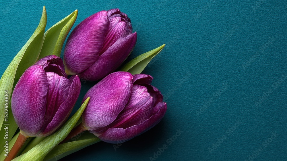 Fototapeta premium Vibrant purple tulips arranged elegantly on a textured teal background, showcasing the beauty of nature and floral design in a captivating composition with rich colors