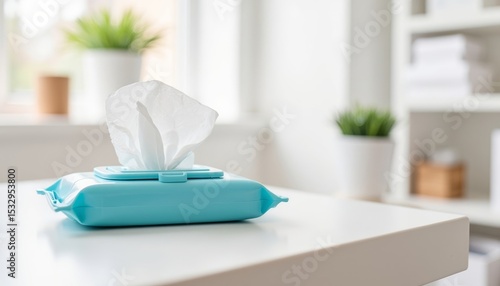 Pack of tissue wipes on white table in a bright indoor setting  