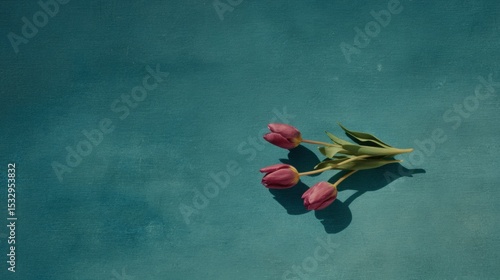 Pink tulips with green leaves are elegantly arranged on a textured teal background, creating a serene and calming atmosphere for floral design and decoration purposes