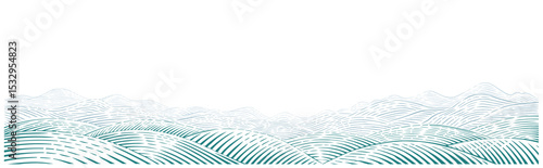 Monochrome engraved-style vector landscape featuring rolling hills and mountain ridges. Topographic line art with clean strokes, scalable for print and digital use.