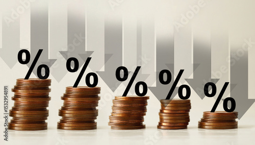 Percentage model and down arrow with coin stack. Key concepts for success, methods, systems of raising or lowering interest rates. Regressive Tax