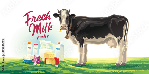 Cow and a set of dairy products (cheese, milk, yogurt) against a rural landscape. Vector illustration for a dairy products poster