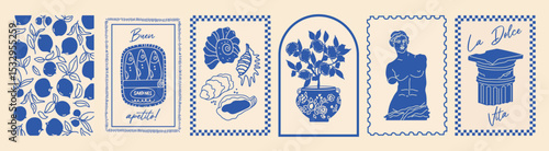 Italy summer print. Hand drawn postcard set. Amalfi, lemon, wine, statue, frame.Blue coast vibe. Vintage travel style. Simple dolce vita look.	