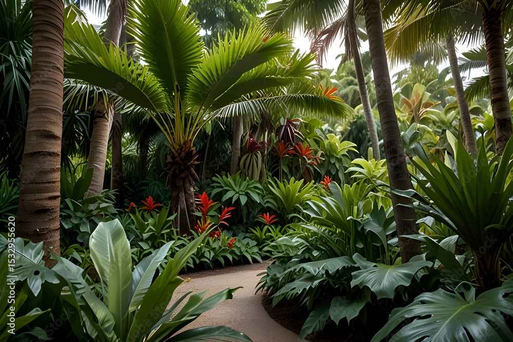 Fototapeta premium Lush tropical garden filled with palm trees, large green leaves and colorful plants