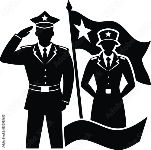 Military Man and Woman Standing with National Flag in Uniform