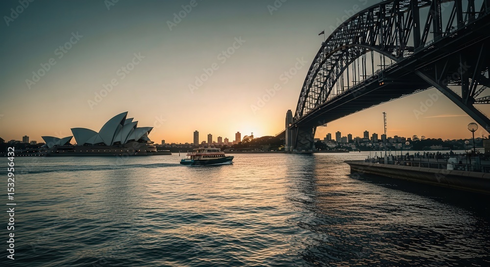 Naklejka premium Sydney Harbor Bridge and Opera House with Boat Sailing at Sunset